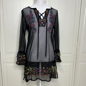 Women’s Embroidered Sheer Black Tunic Coverup No Size Tag